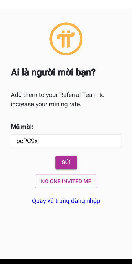 Nhập mã mời Đăng ký Pi Network