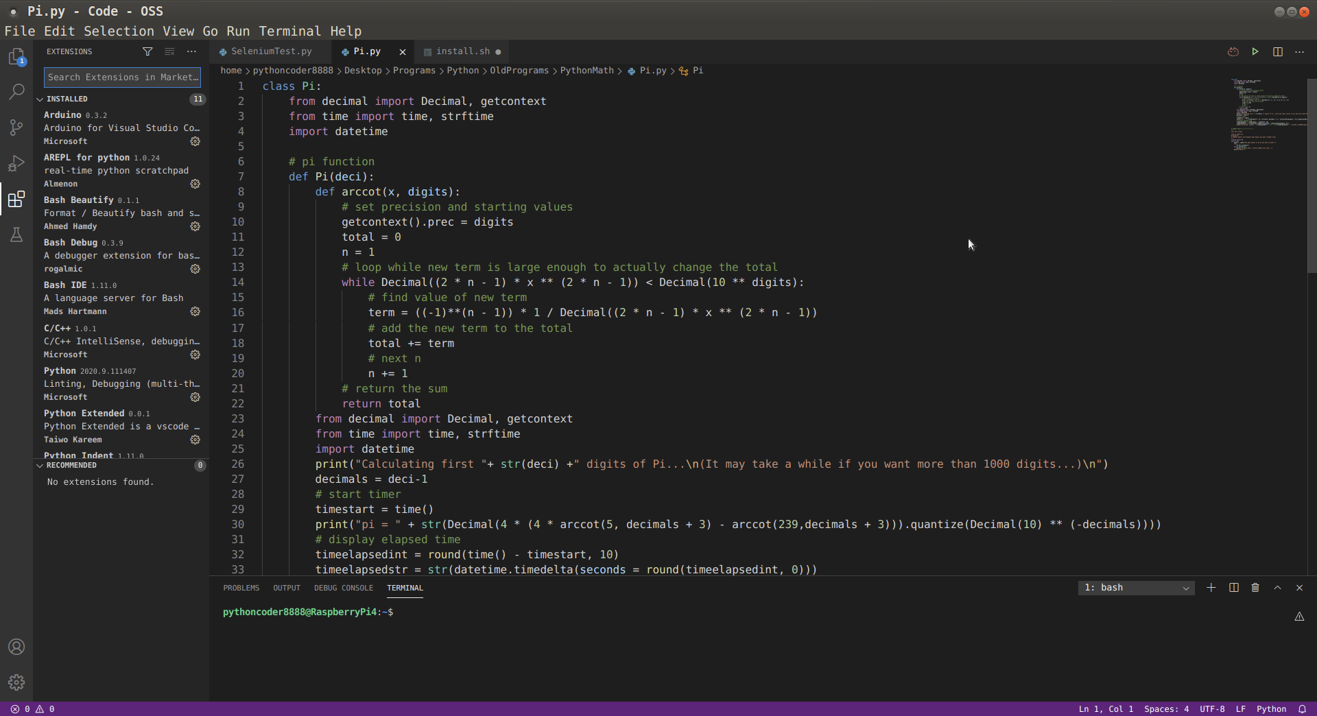 A Python program calculating pi in VS Code (code-oss) on Ubuntu on Raspberry Pi 4
