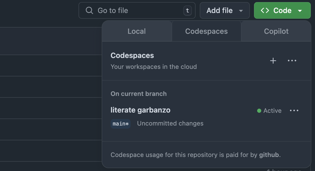 Code button and Codespaces tab opened in the dialog below