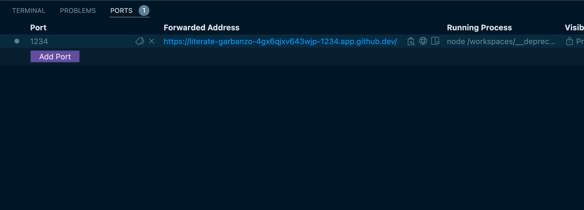 Screenshot showing the ports tab and Port URL