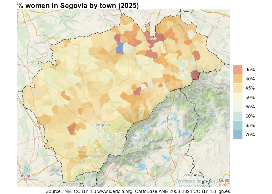 Percentage of women in Segovia by municipality (2025)
