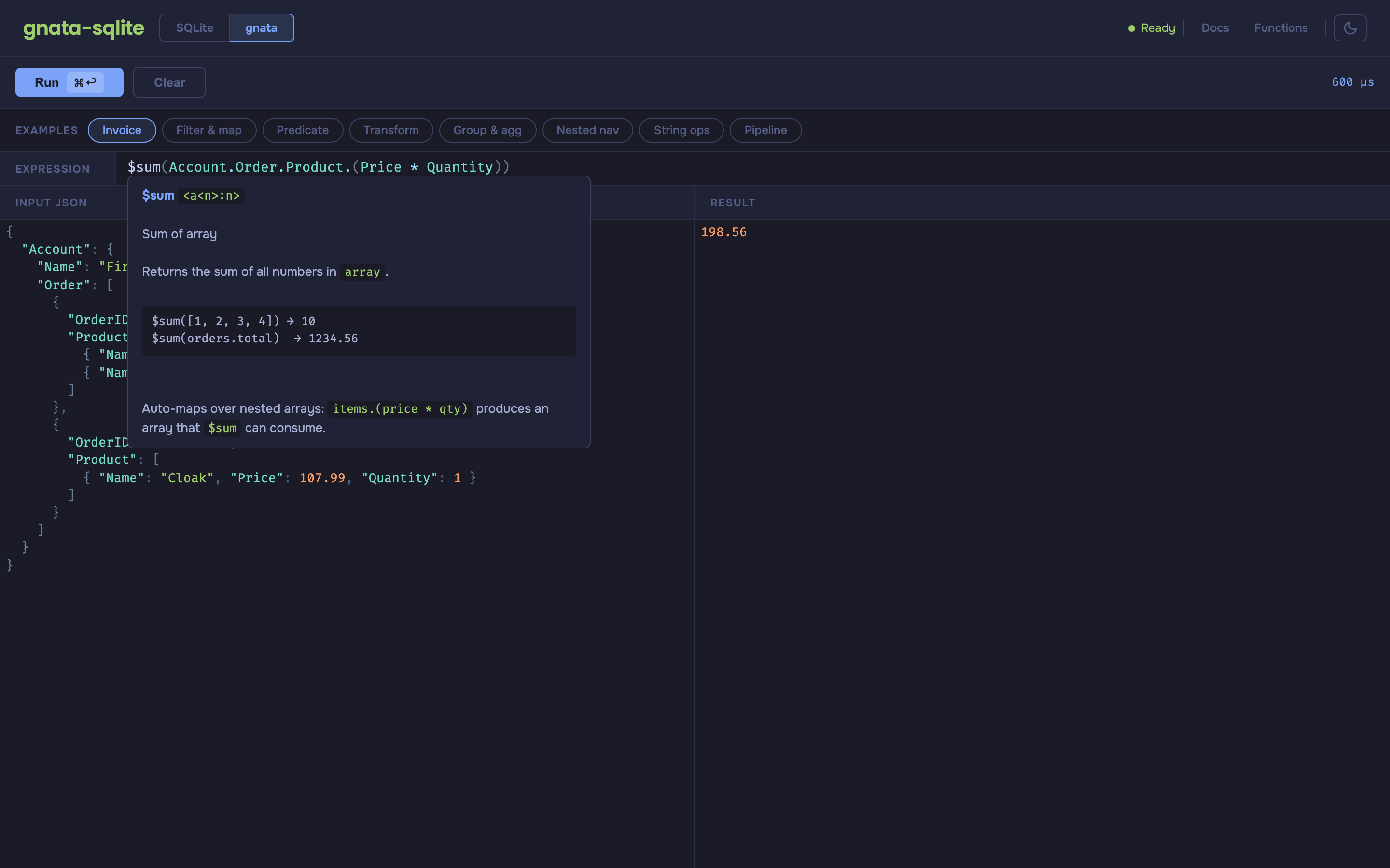 Hover documentation showing $sum function