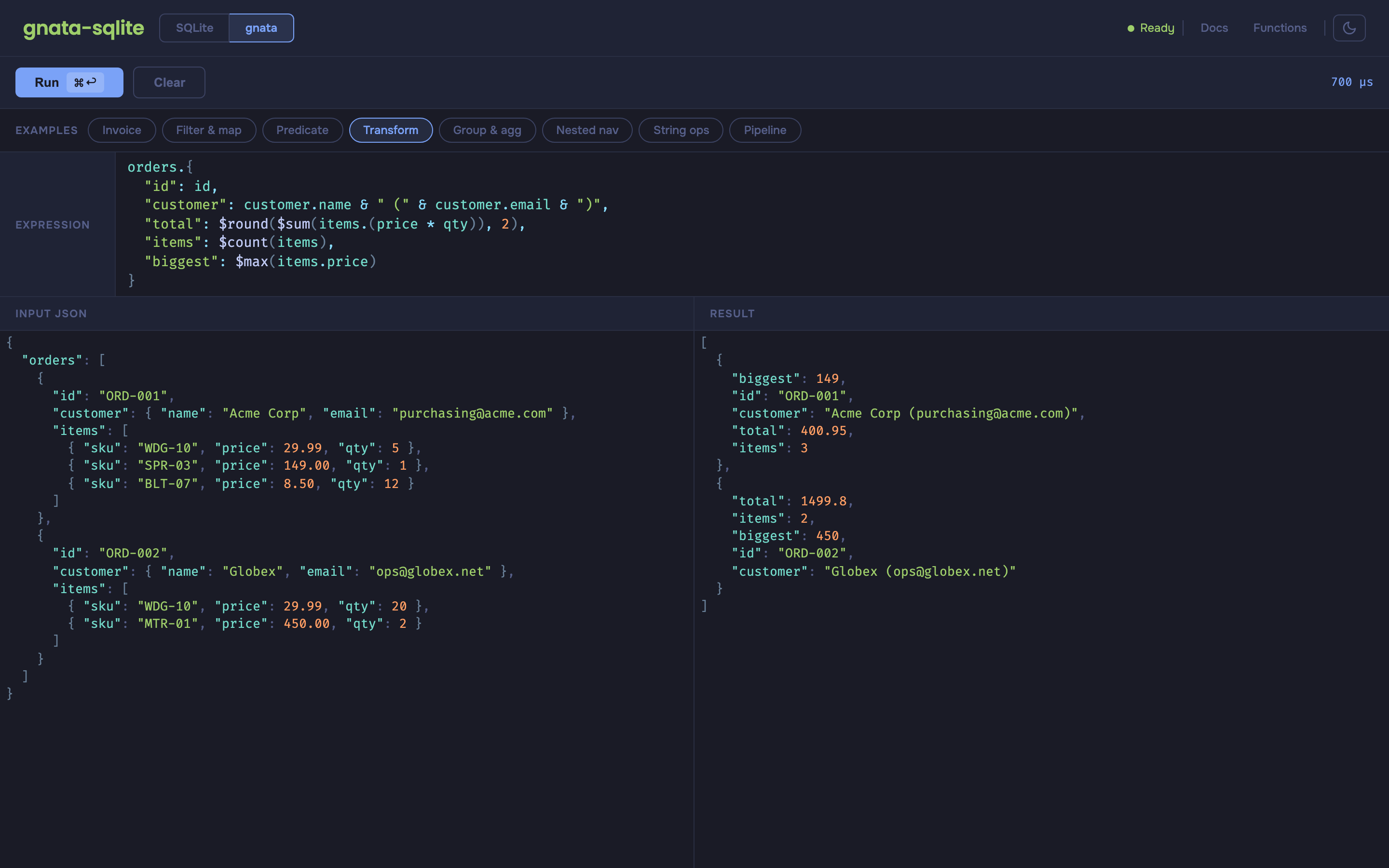 JSONata transform expression with syntax highlighting