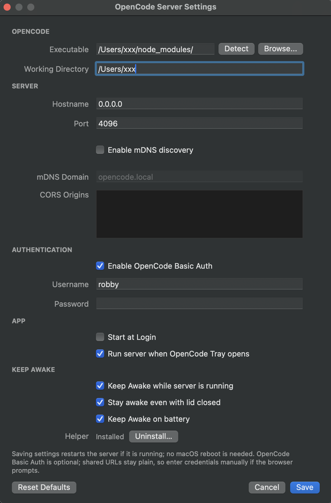 OpenCode Tray settings