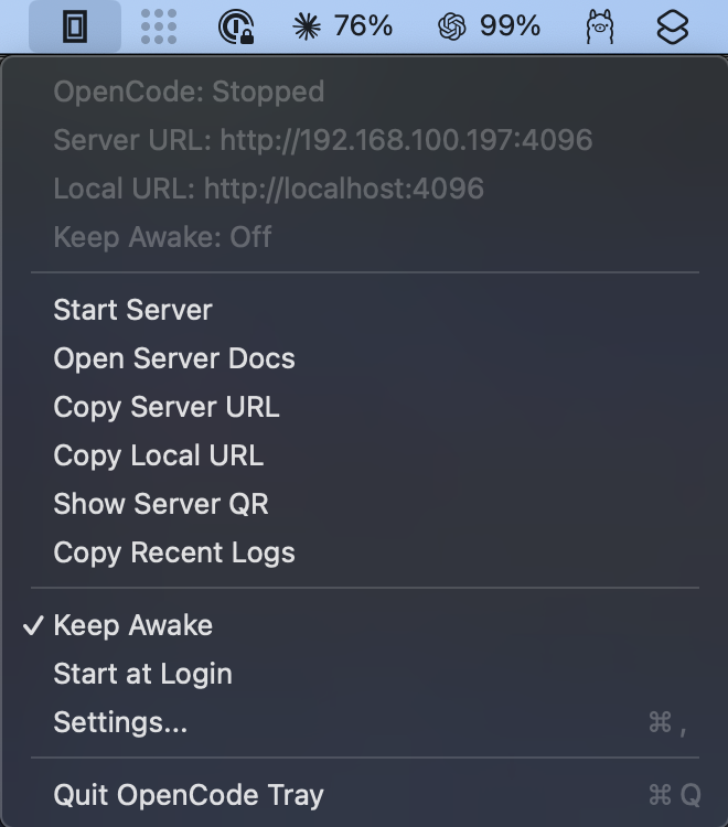 OpenCode Tray menu