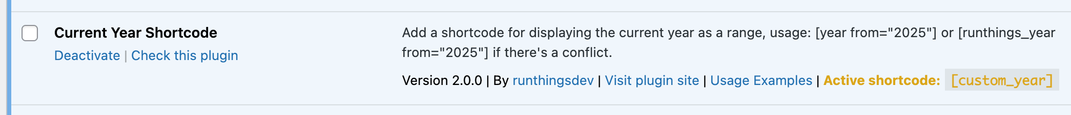 Plugin info showing the active shortcode