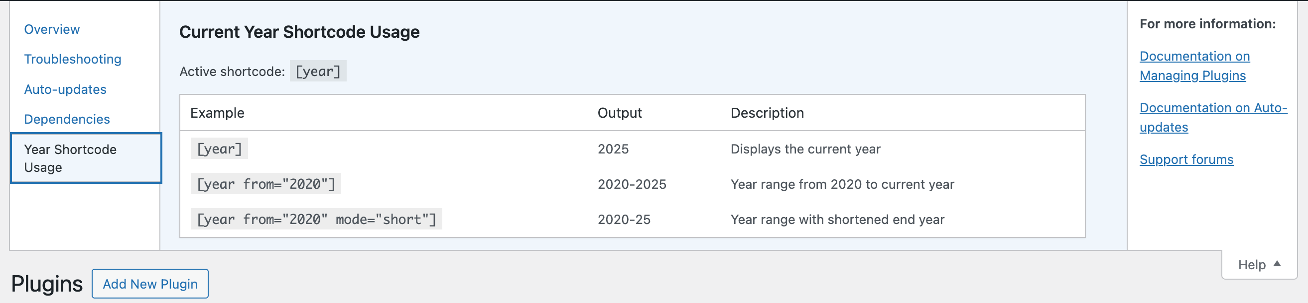 Help tab with usage examples
