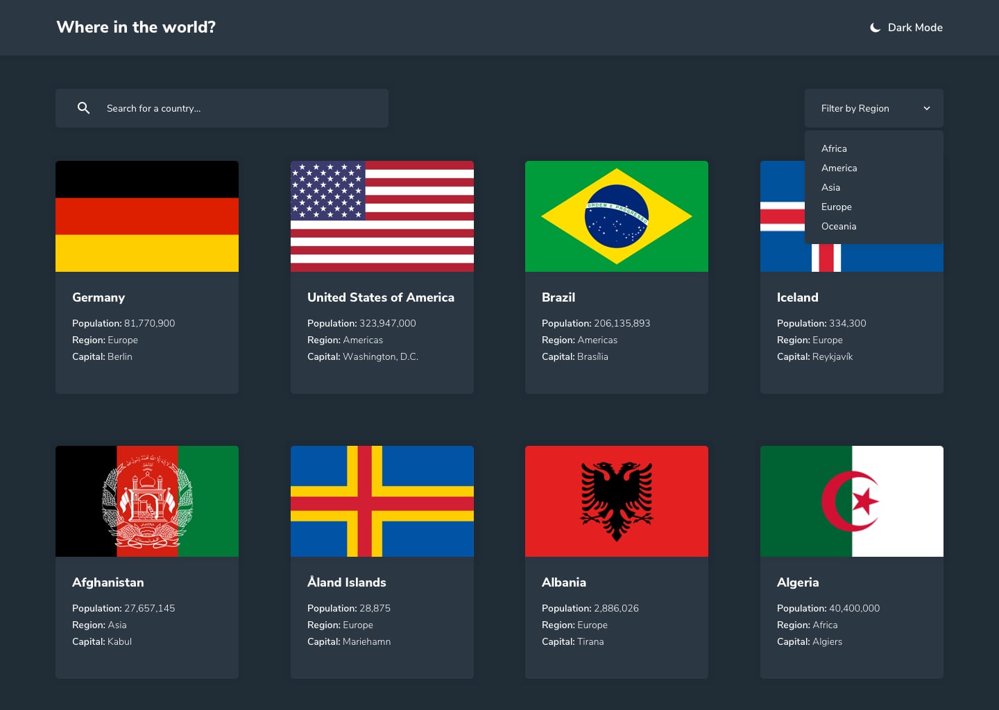 Design preview for the REST Countries API with color theme switcher coding challenge