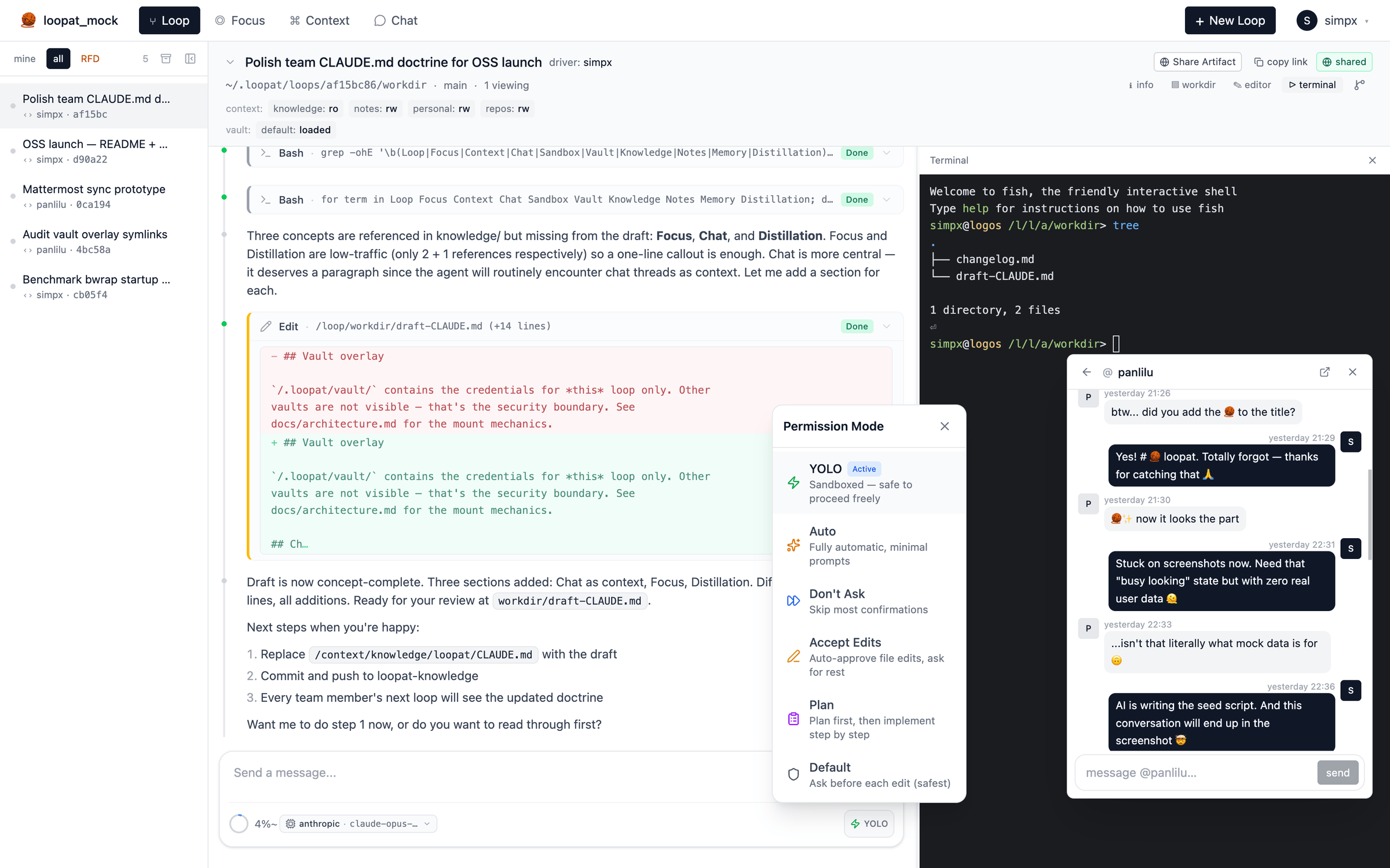 loopat β Loop view with chat, workdir, terminal, and team DM