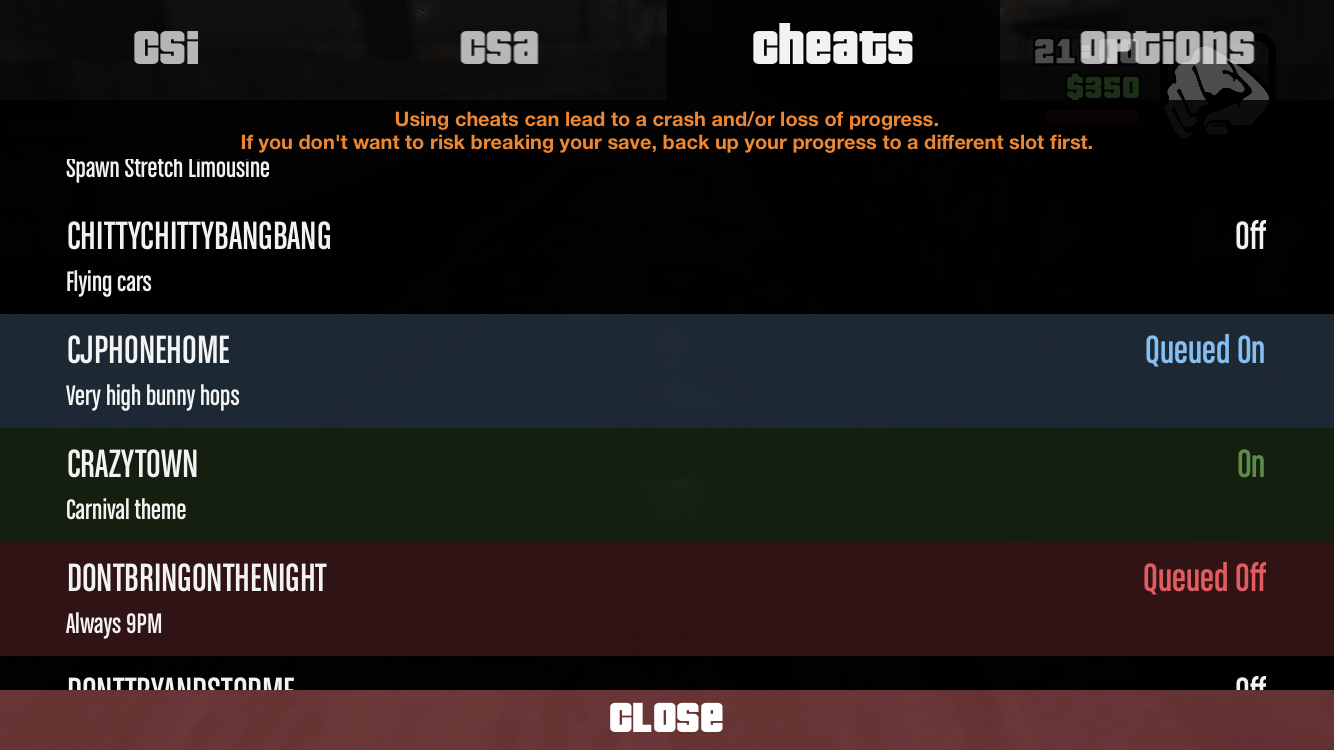 The cheat menu.