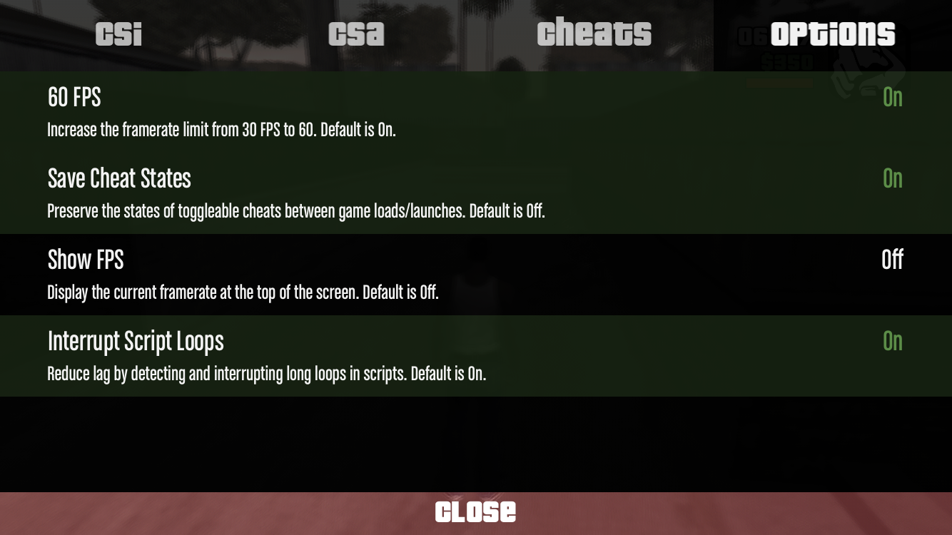 The Options tab