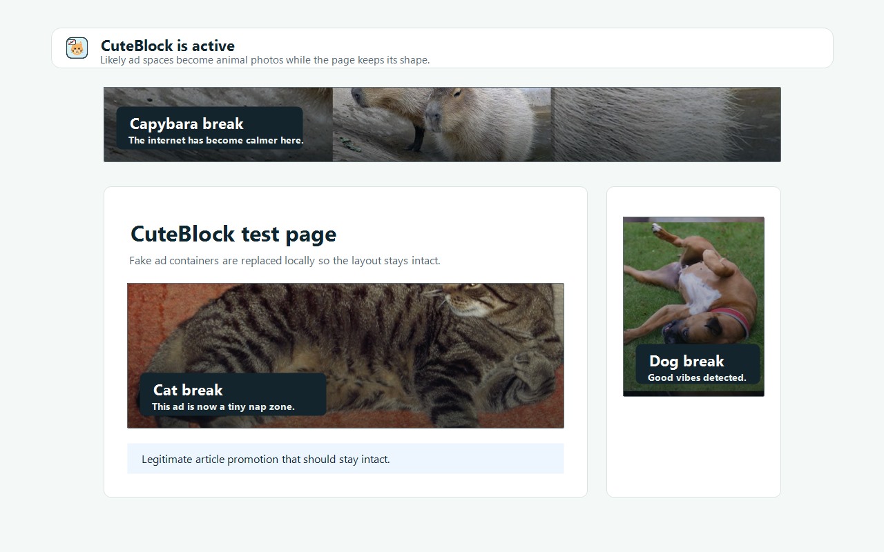 CuteBlock replacing ad slots with animal photos