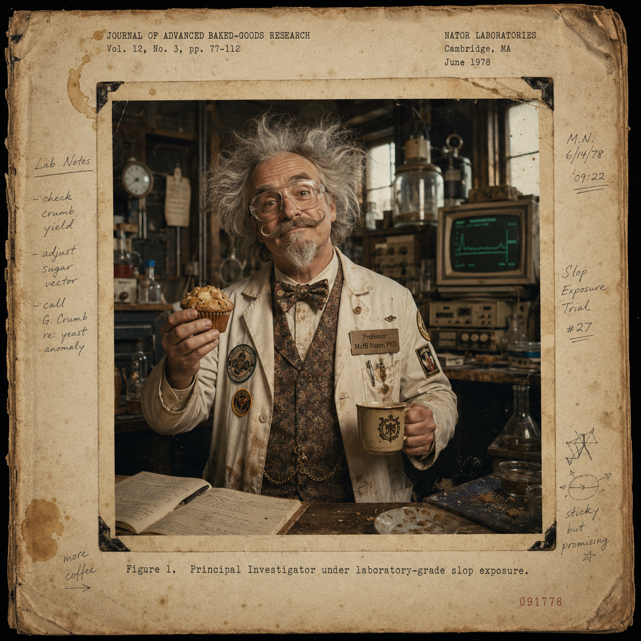 Portrait of Professor Muffi Nator wearing safety goggles, holding a muffin and a glowing source file in a chaotic neon research lab