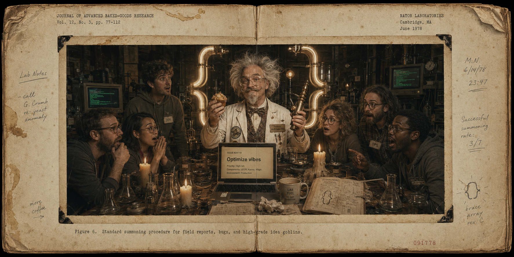 Developers summoning Professor Muffi Nator through a glowing GitHub issue portal made of curly braces