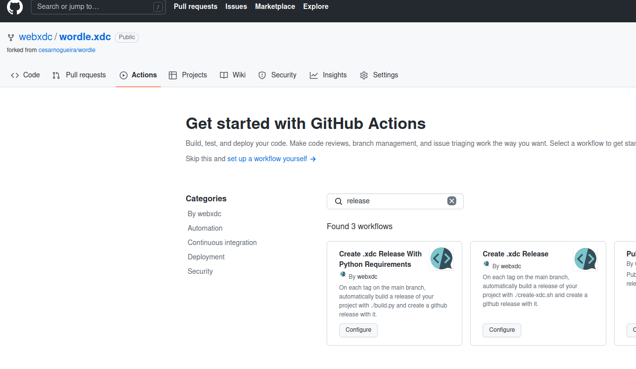 A screenshot of the GitHub Web Interface, showing where to select the GitHub Actions.