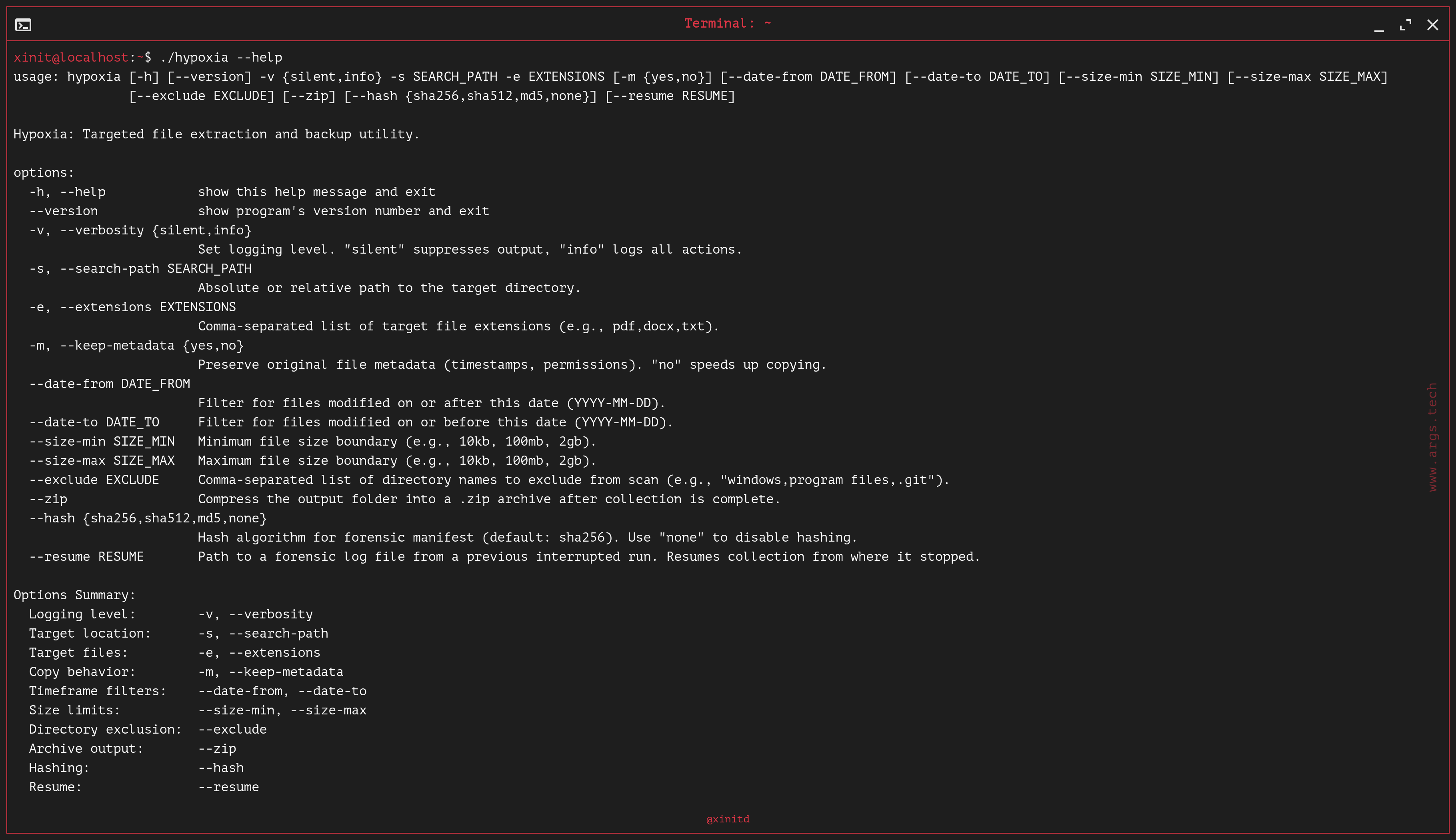 Hypoxia CLI terminal output showing forensic file collection with SHA-256 hashing, directory exclusion, and checkpoint resume