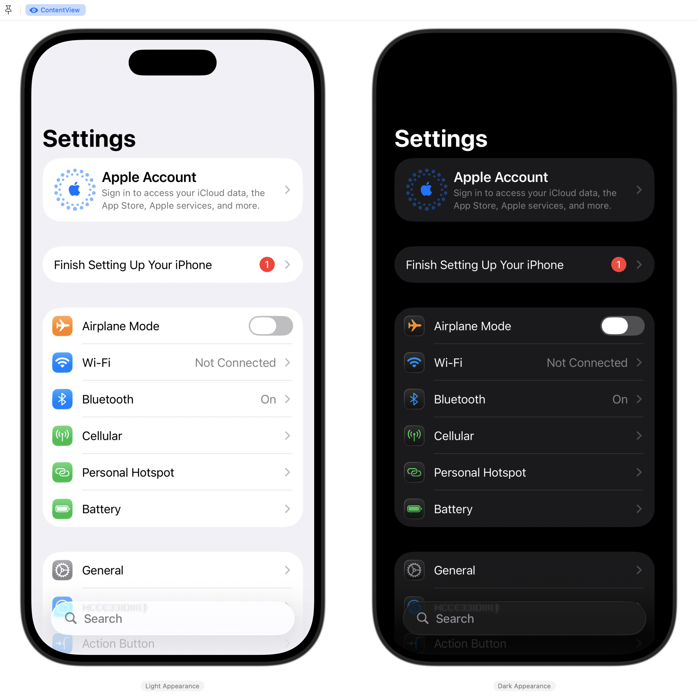 The project's Settings app in the Xcode Previews canvas for iPhone, matching the layout and appearance of iOS 26.