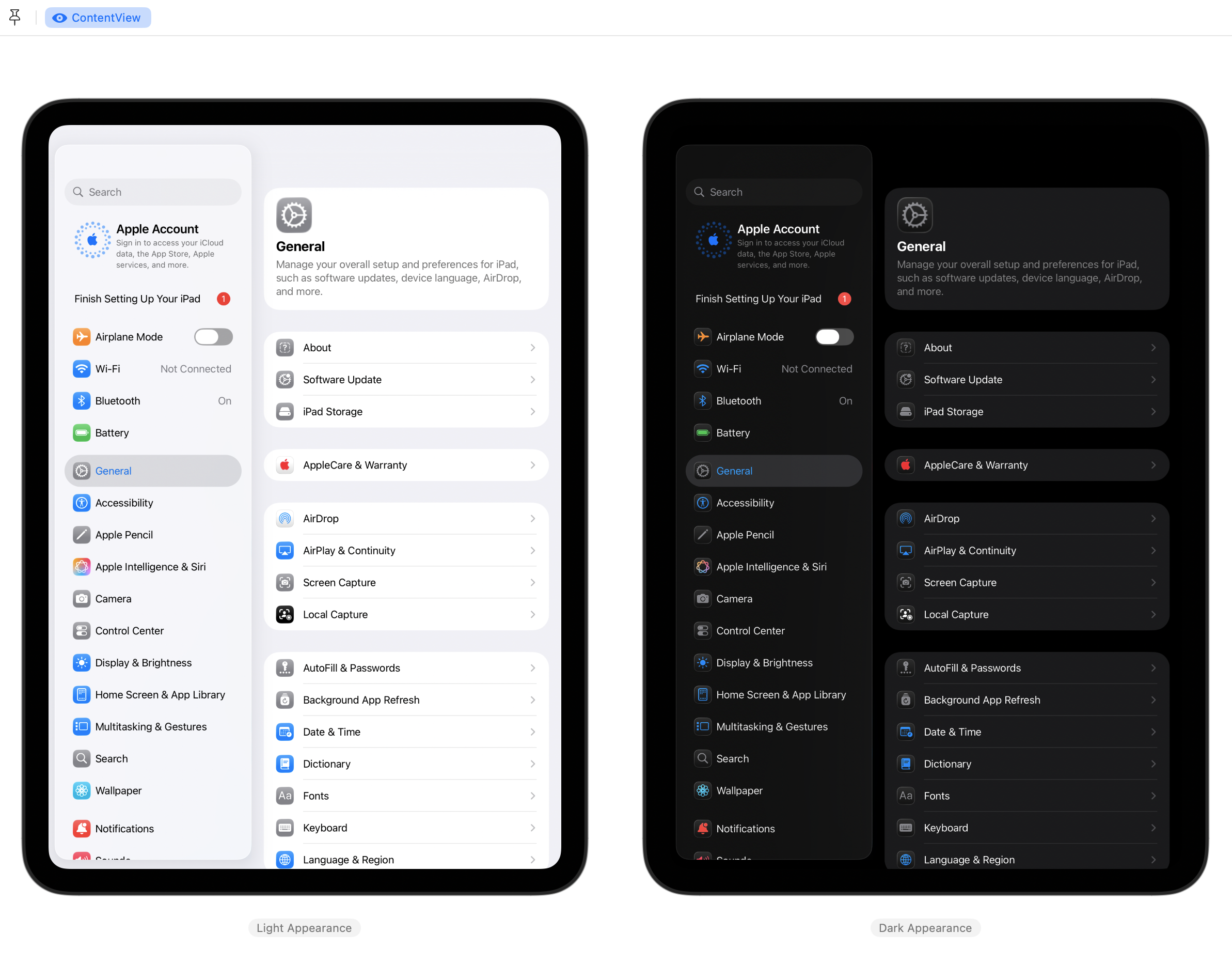 The project's Settings app in the Xcode Previews canvas for iPad, matching the layout and appearance of iPadOS 26.