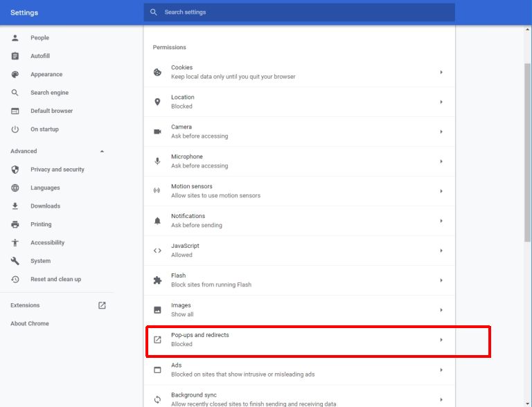 Google Chrome Setting - pop-up blocker