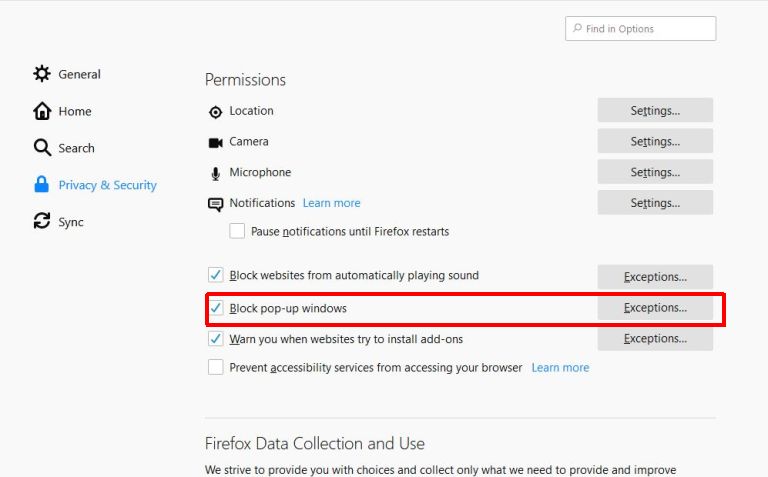 firefox Setting - popup blocker