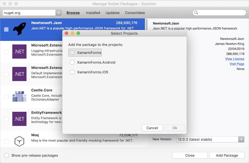 Manage NuGet Packages - Select Projects dialog Manage NuGet Packages - Select Projects dialog