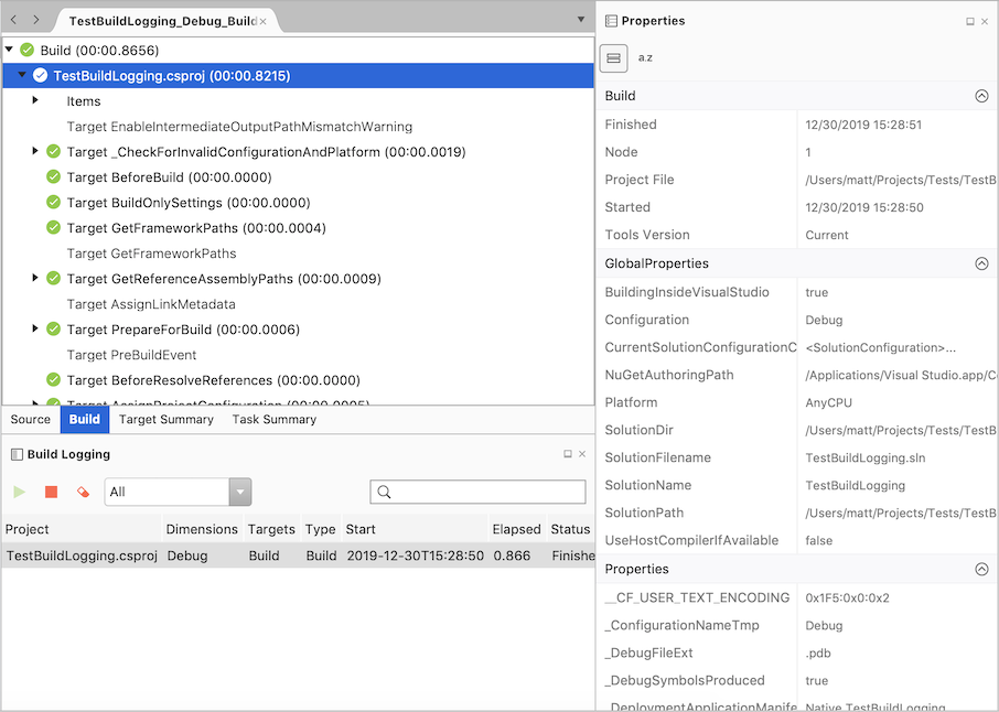 MSBuild Binary Log File - Build tab - Properties window MSBuild Binary Log File - Build tab - Properties window