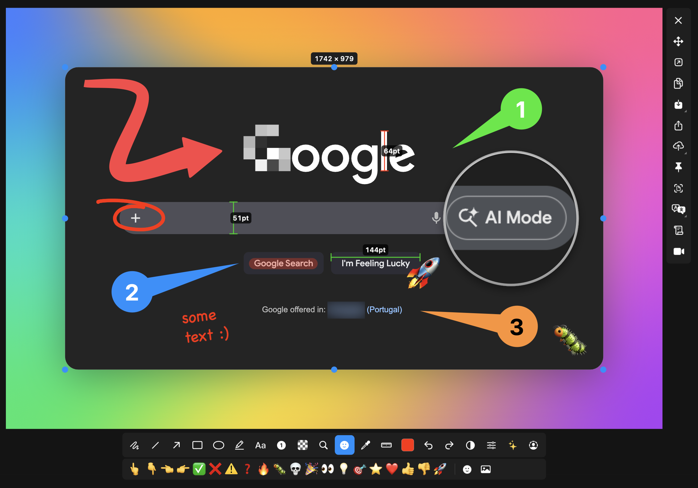 macshot annotation toolbar demonstrating arrows, blur, measurements, numbered callouts, text, emoji, and beautify over a Google search screenshot on macOS