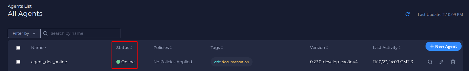 Agent List: agent online