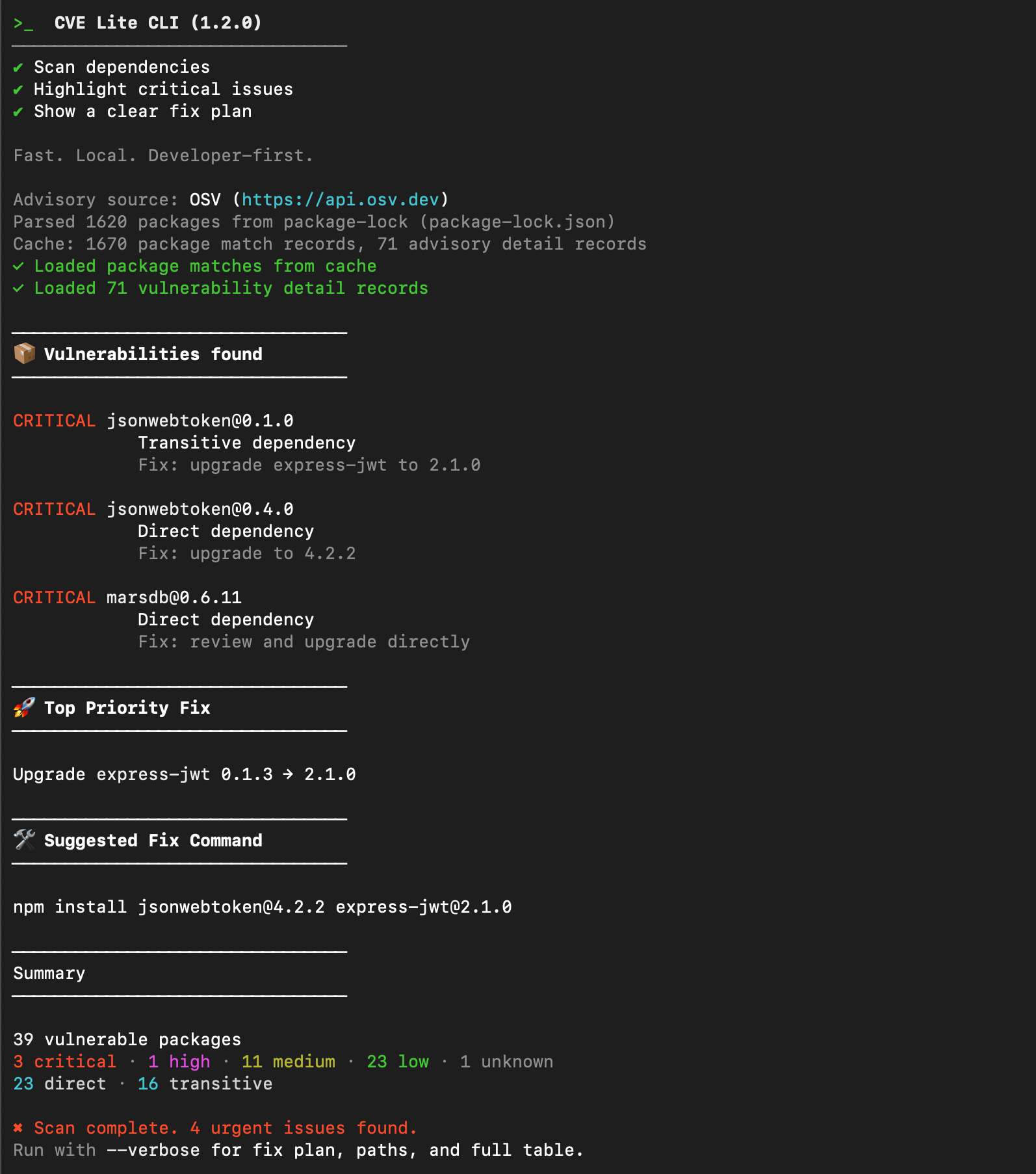 CVE Lite CLI terminal output