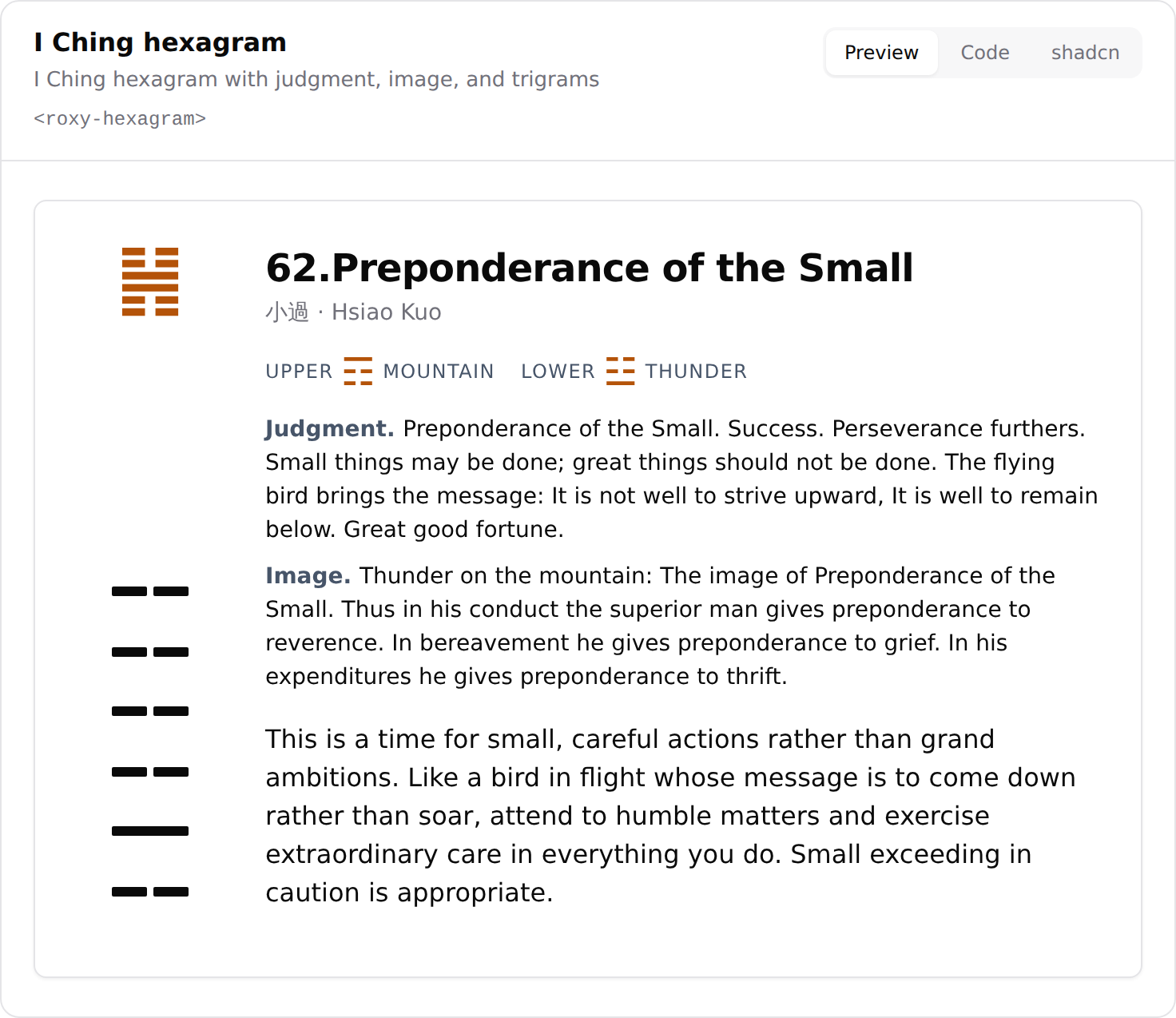 Hexagram with trigrams, judgment, image, changing lines
