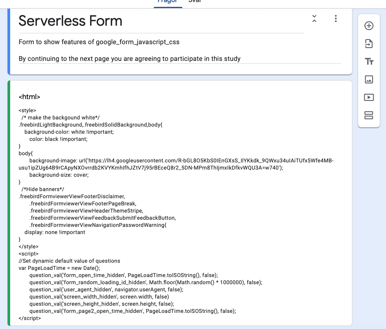 screenshot of form with inline js