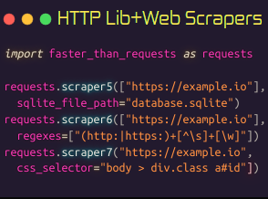 Python HTTP Client lib with MultiThread Web Scrapers, URL-to-SQLite web scraper, Regex web scraper, CSS Selector web scraper