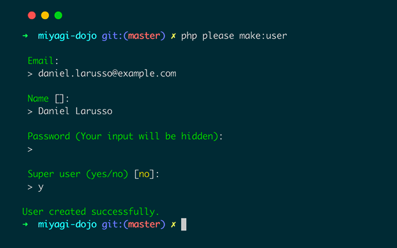 A cli interface with a command to create a new user.