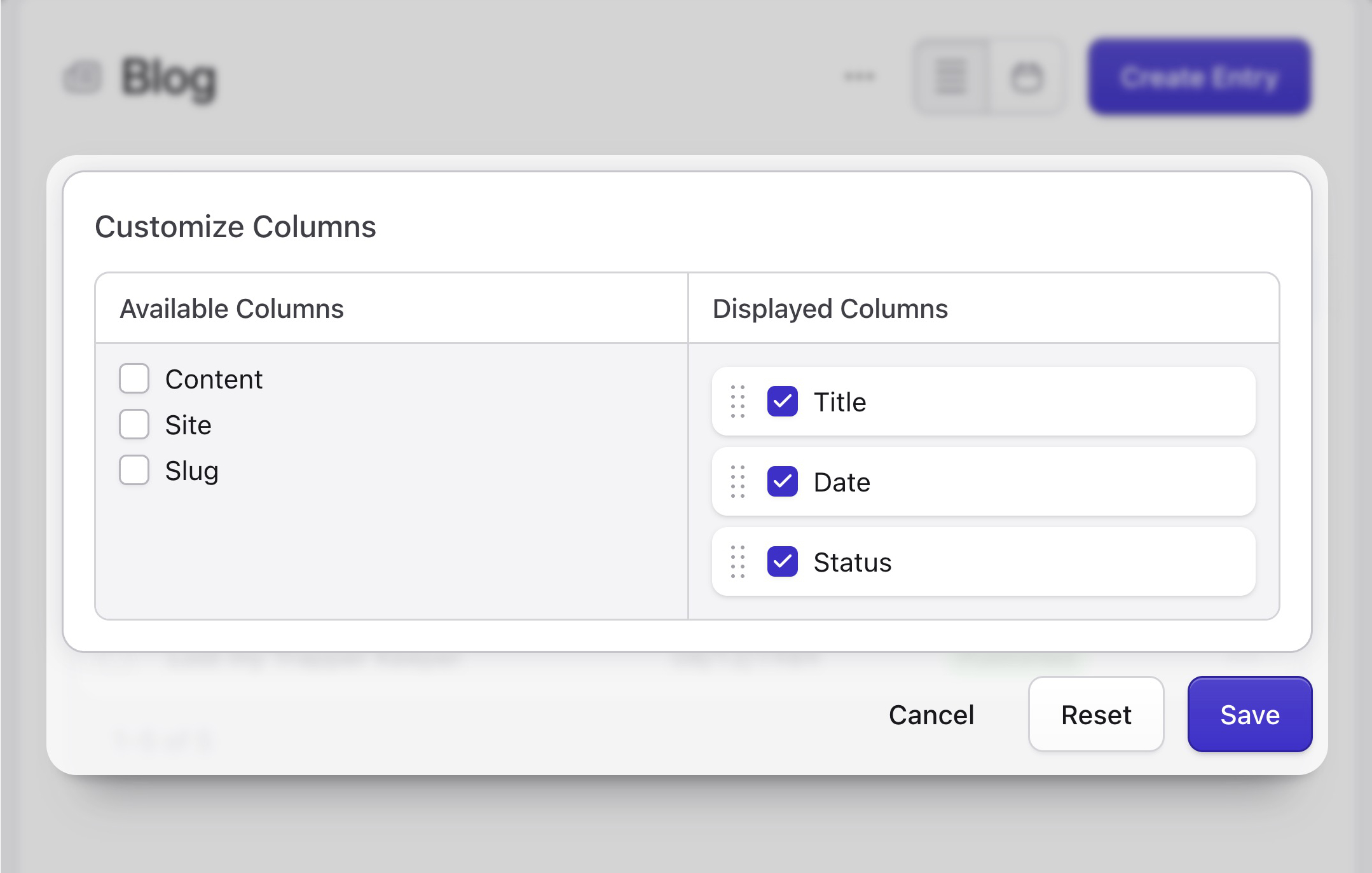 Customizable filter columns. There are two columns shown, the left 'available columns' showing a few unticked, the  right 'Displayed Columns' showing Title, Date, and Status, ticked.