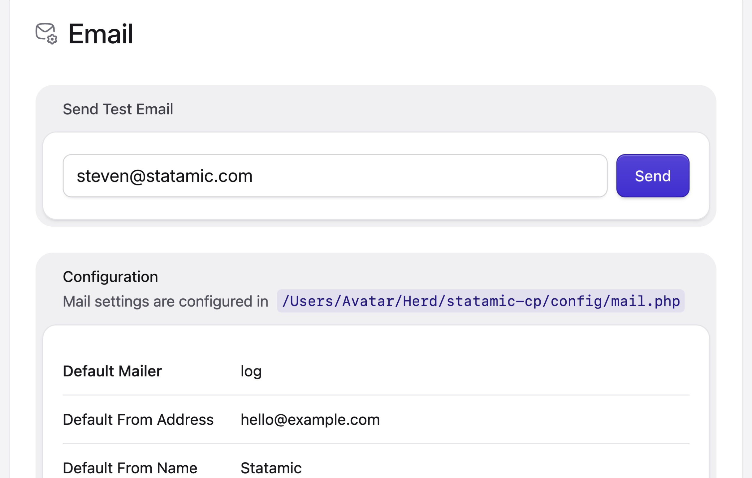 An email utility section showing a test email button and the current mail configuration.