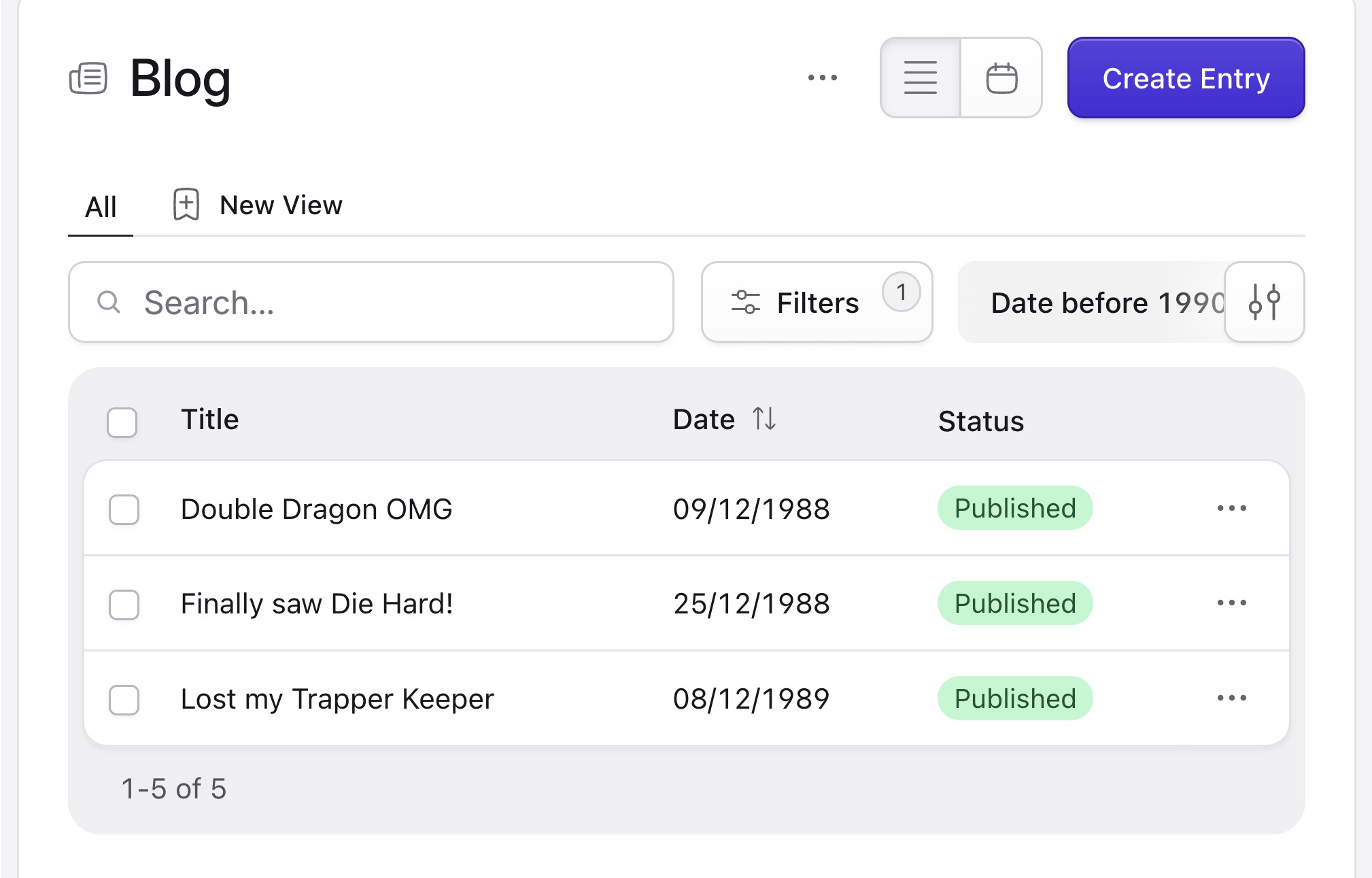 The blog collection filtered by dates before 1990.