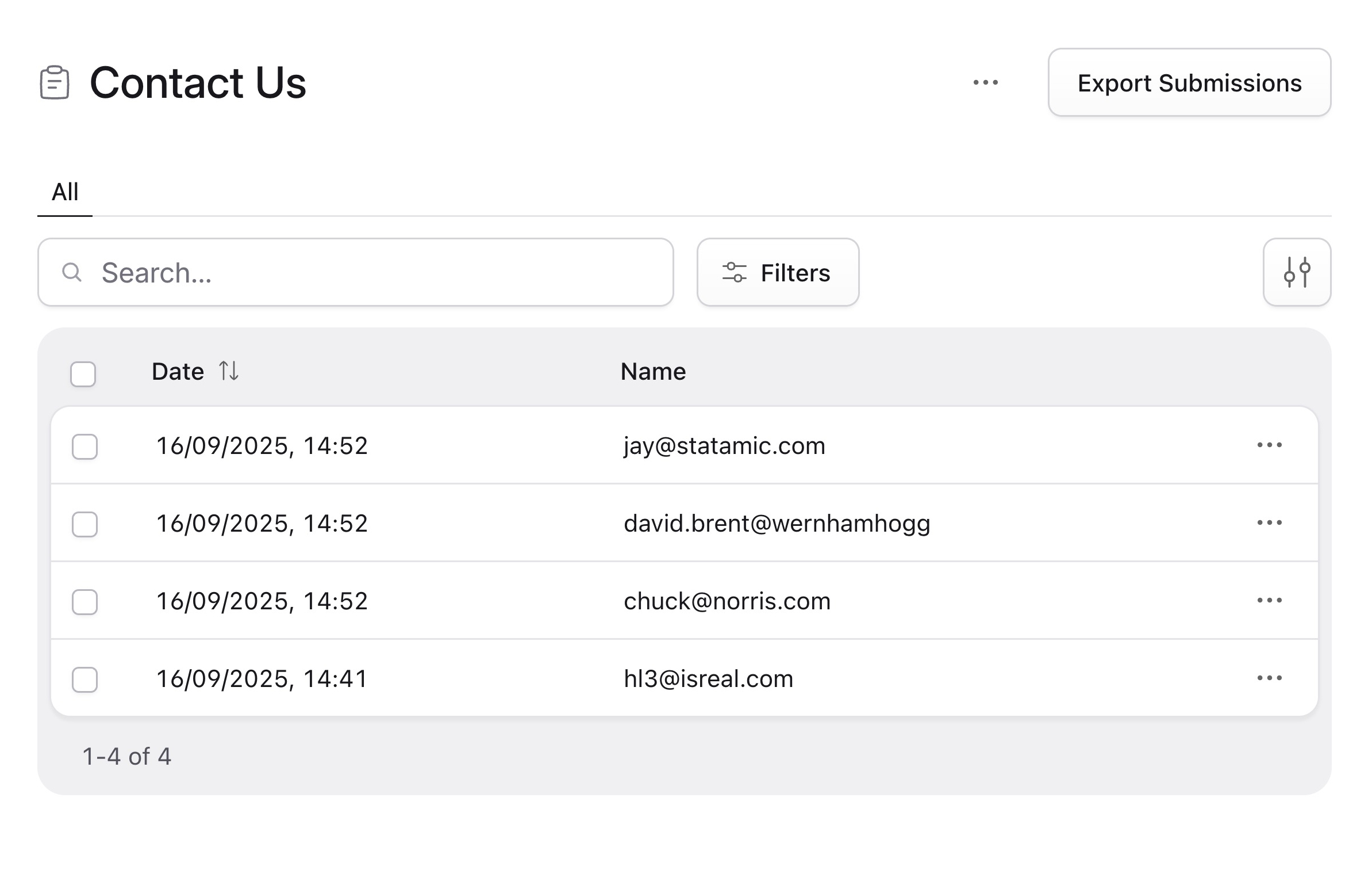 The control panel view for a Contact Us form, showing 4 submissions, along with a search bar and filters.