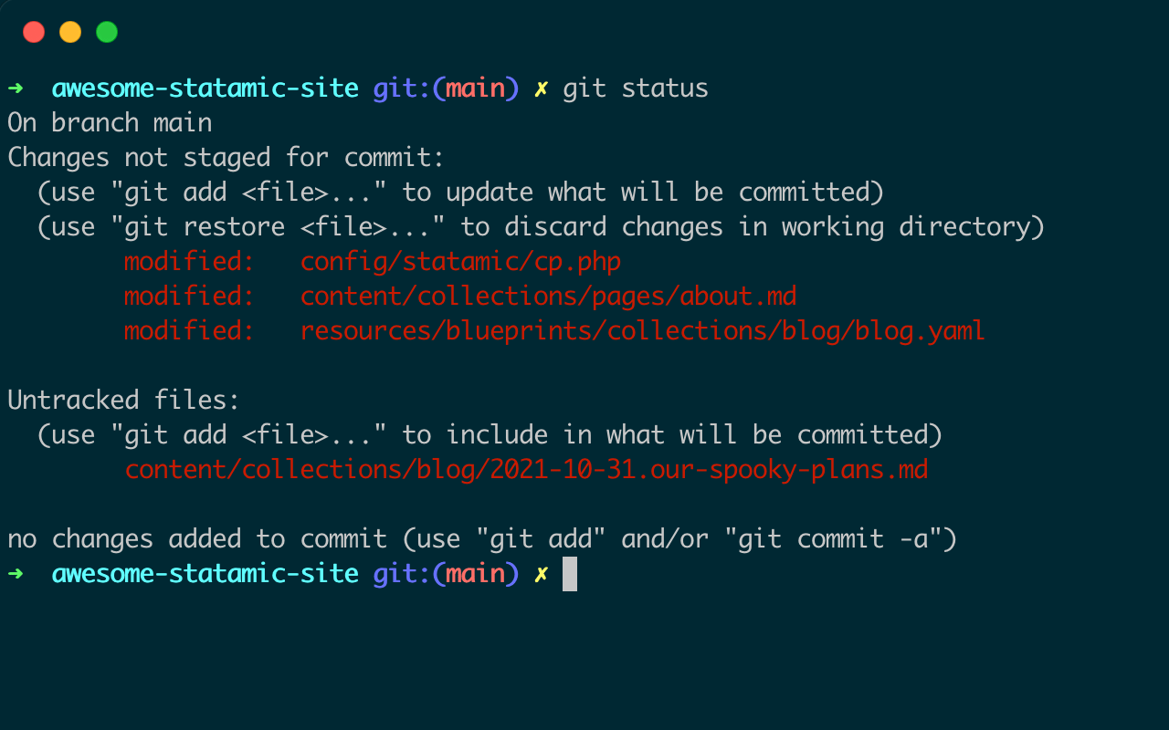Statamic version controlled with the command line. The screenshot shows modified files such as markdown files, and files that are not yet tracked.