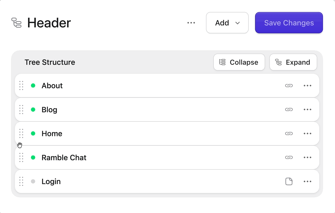 A short GIF of the Drag & Drop Nav Builder in Statamic. It shows the Home page being dragged to the top of the nav, then the About page being nested underneath it, followed by the Blog page.
