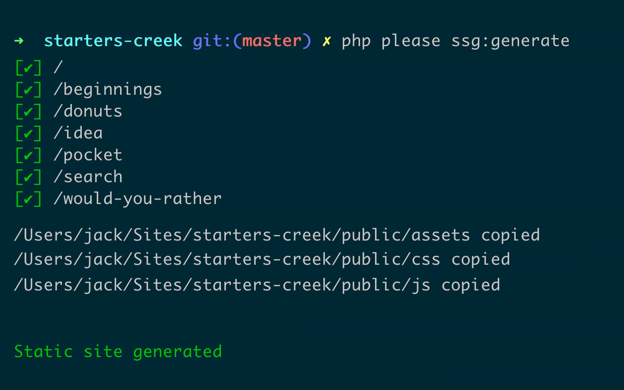 A starter kit generated with the command line. A script is shown running, finishing with a message that says Static site generated.