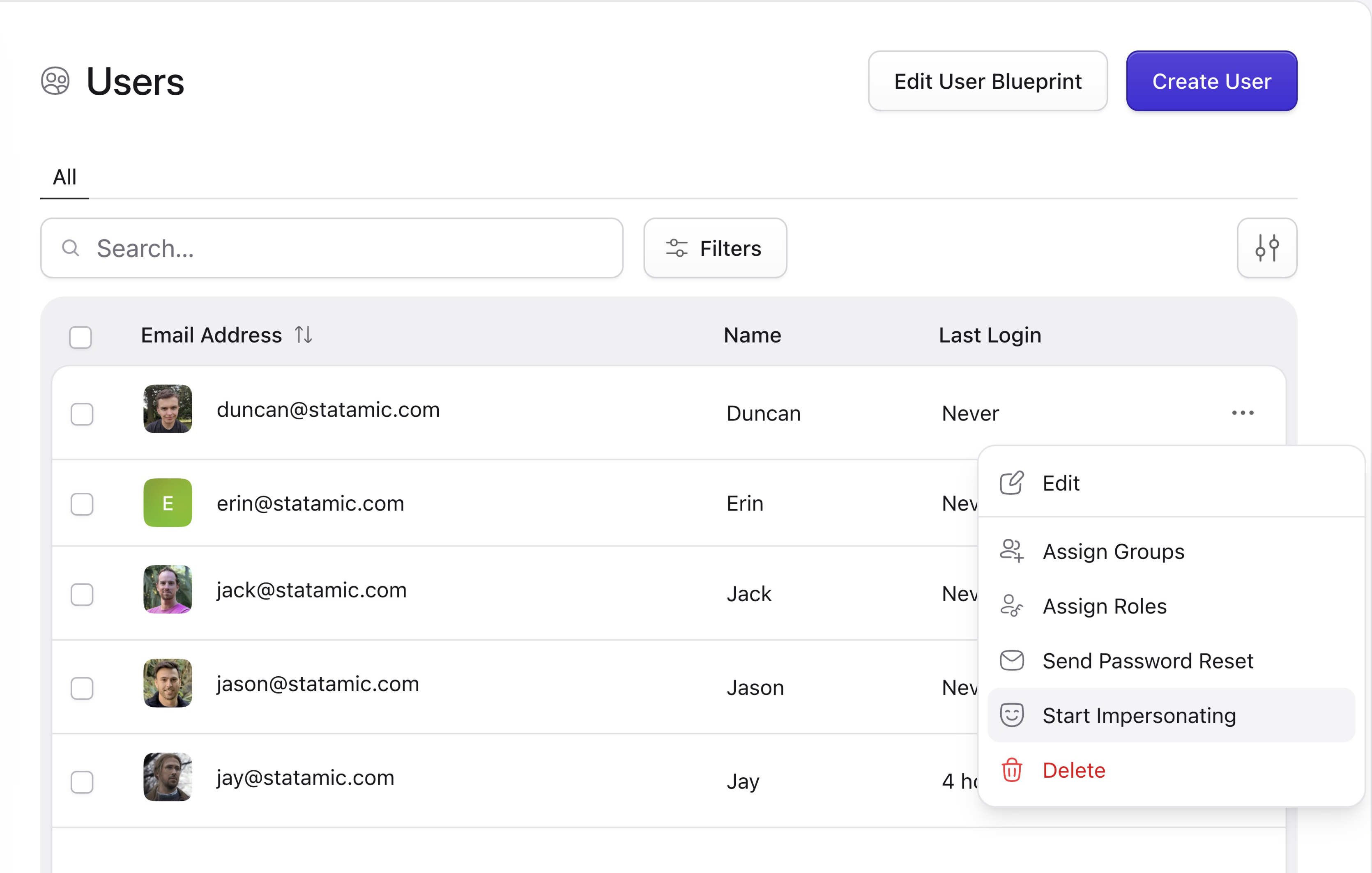 A list of users. One of the users is highlighted with a contextual menu. The option to Start Impersonating is highlighted.