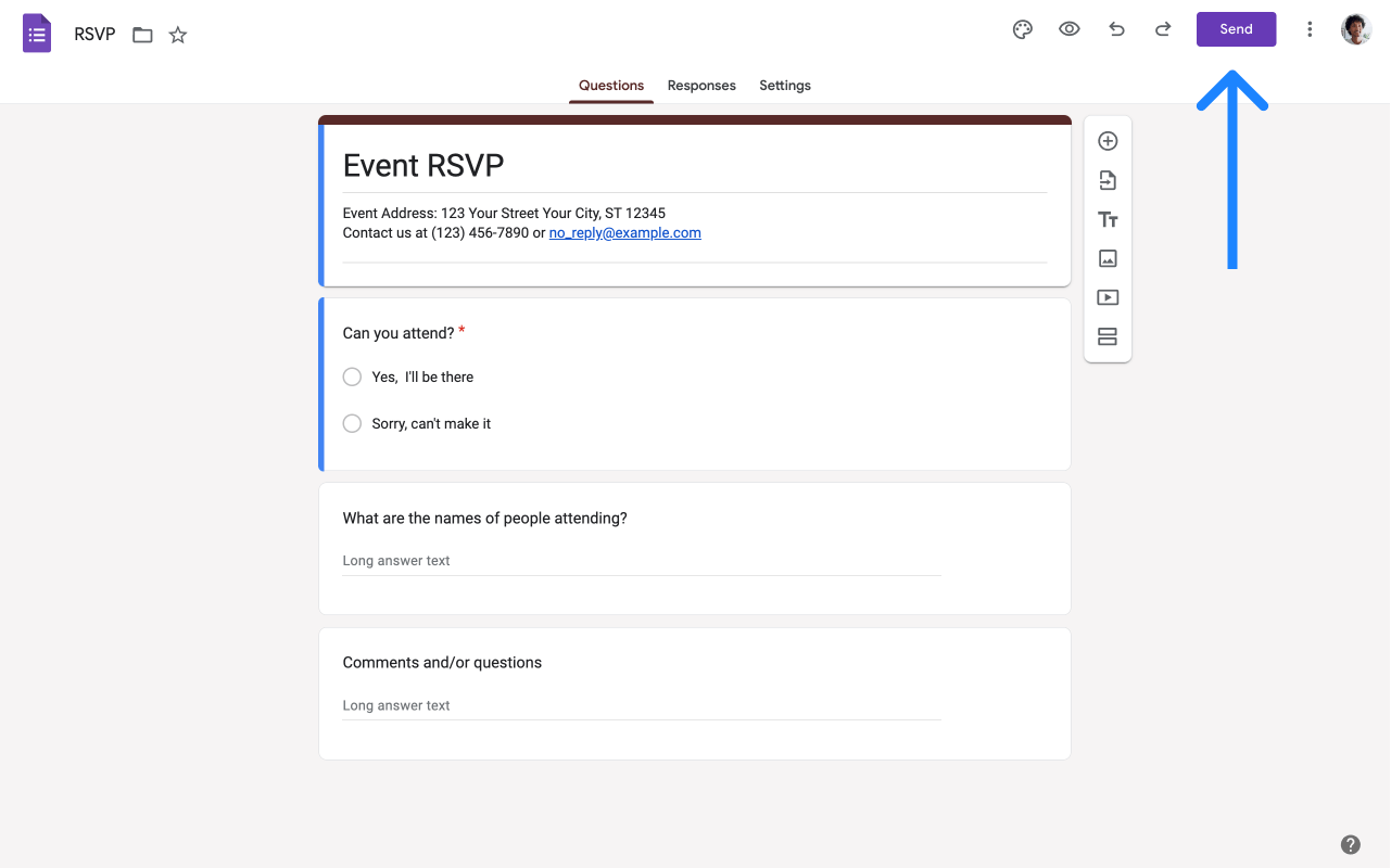 Google Forms menu with embed options