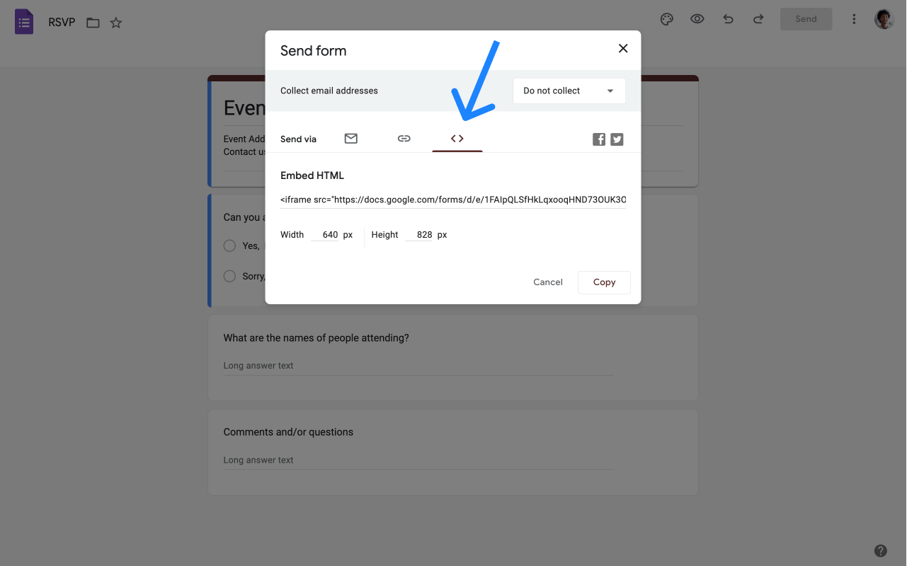 Google Forms embed code dialog