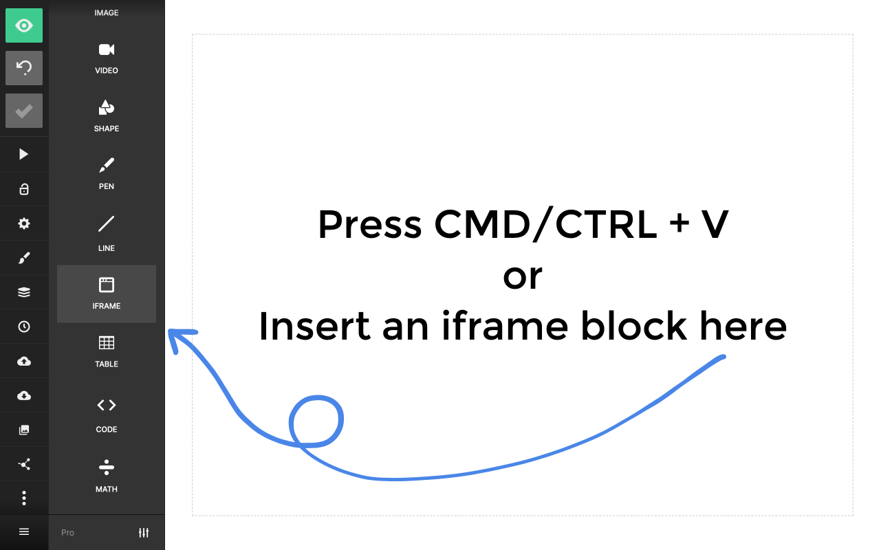 Slides editor with iframe insertion highlighted
