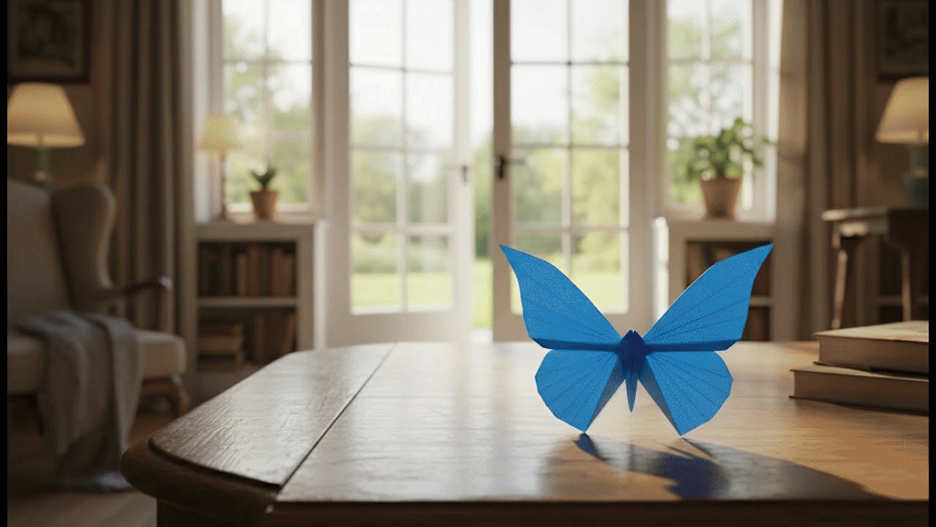 Kupu-kupu origami mengepakkan sayapnya dan terbang keluar dari pintu kaca menuju taman.