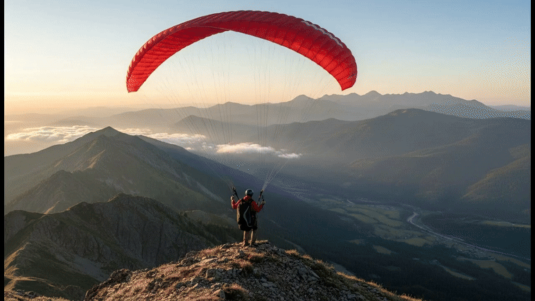 Paralayang lepas landas dari puncak gunung, lalu turun perlahan