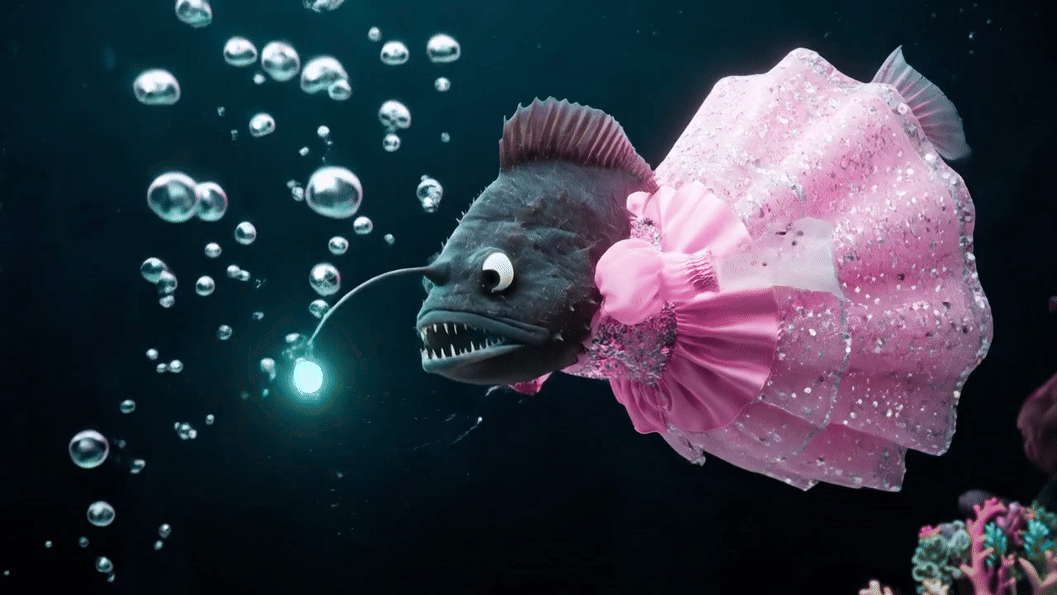 Ikan pemancing mengenakan kostum putri