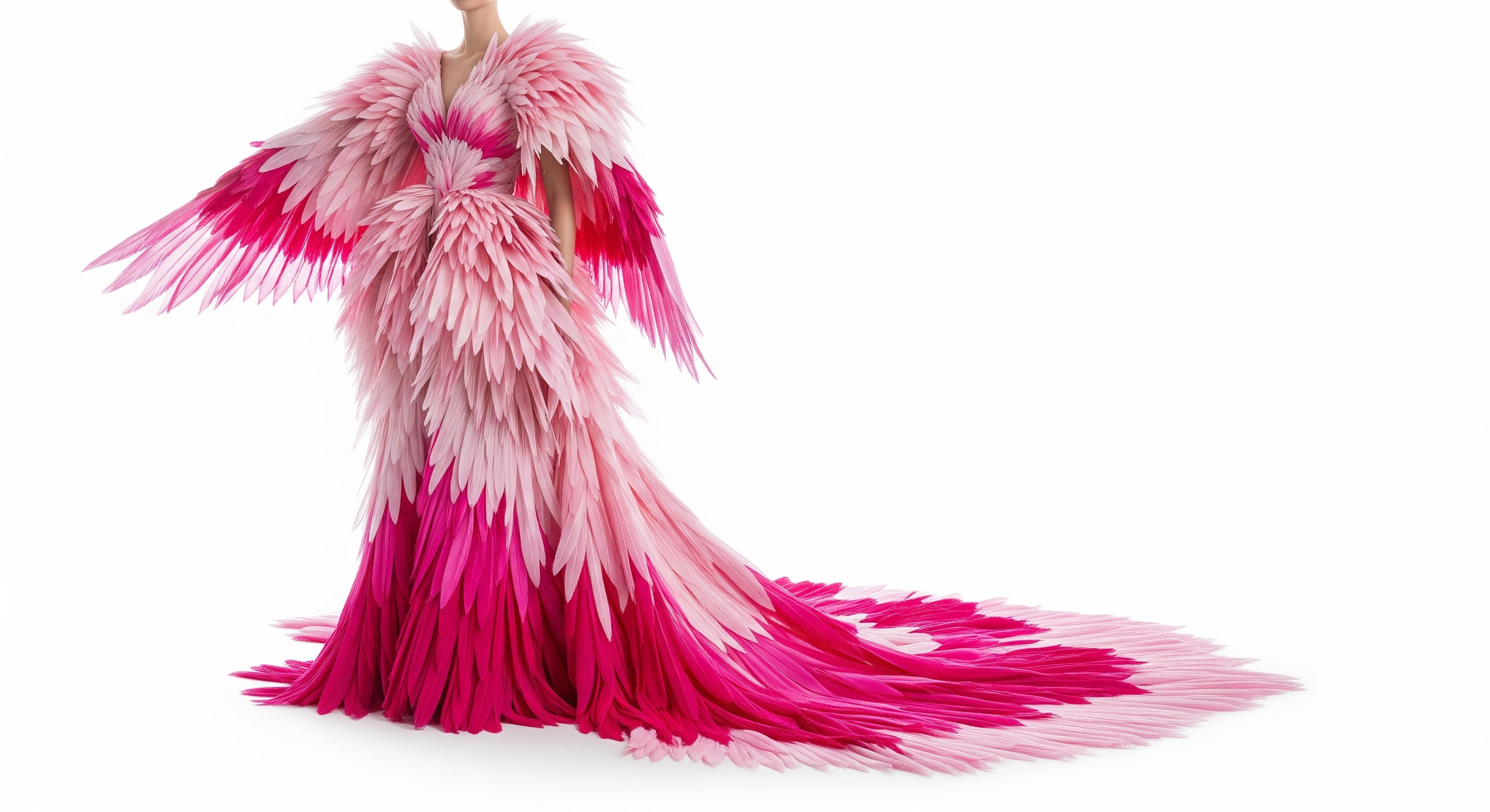 Gaun flamingo kelas atas dengan lapisan bulu merah muda dan fuchsia