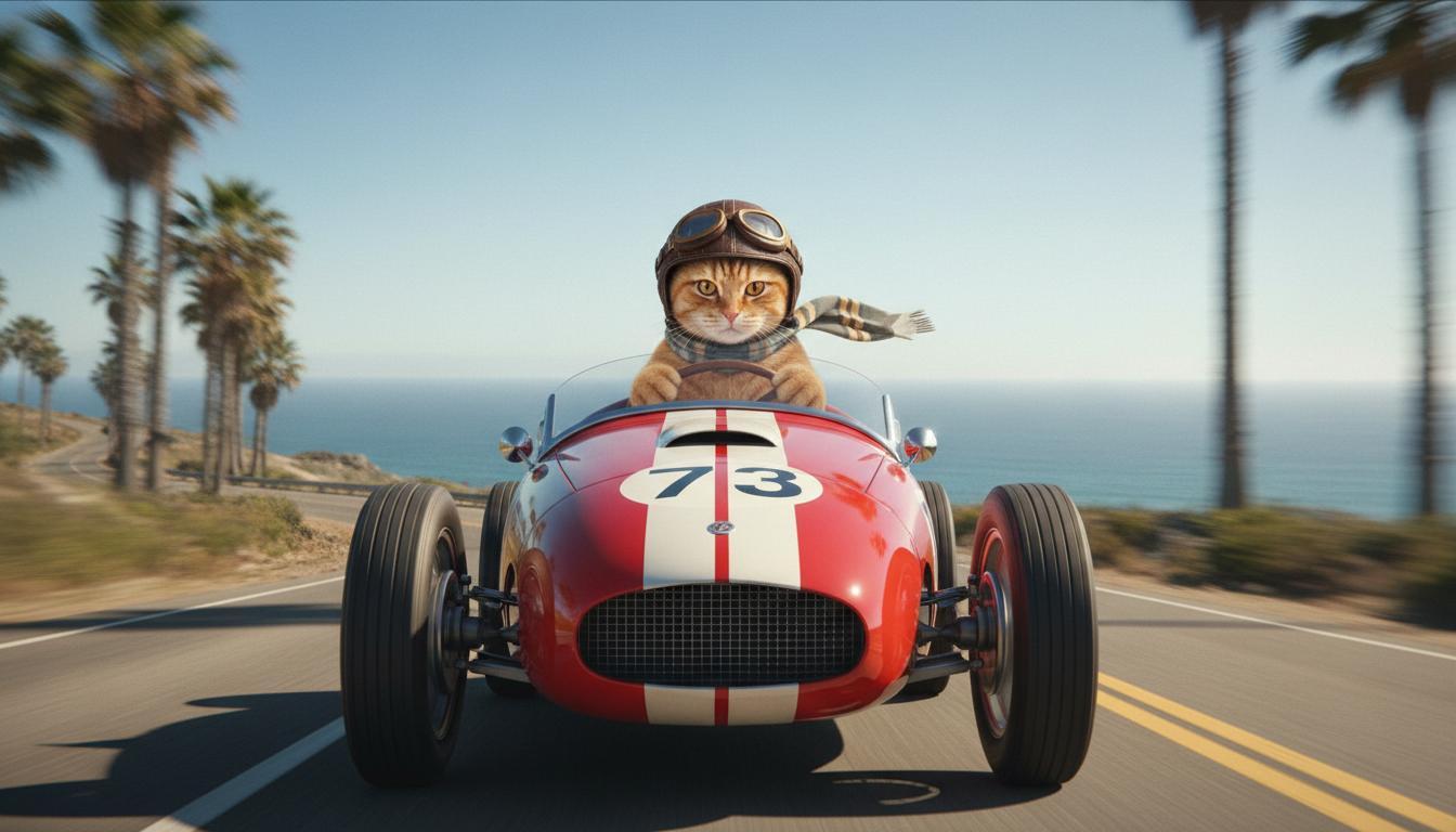 Kucing oranye mengendarai mobil balap convertible merah