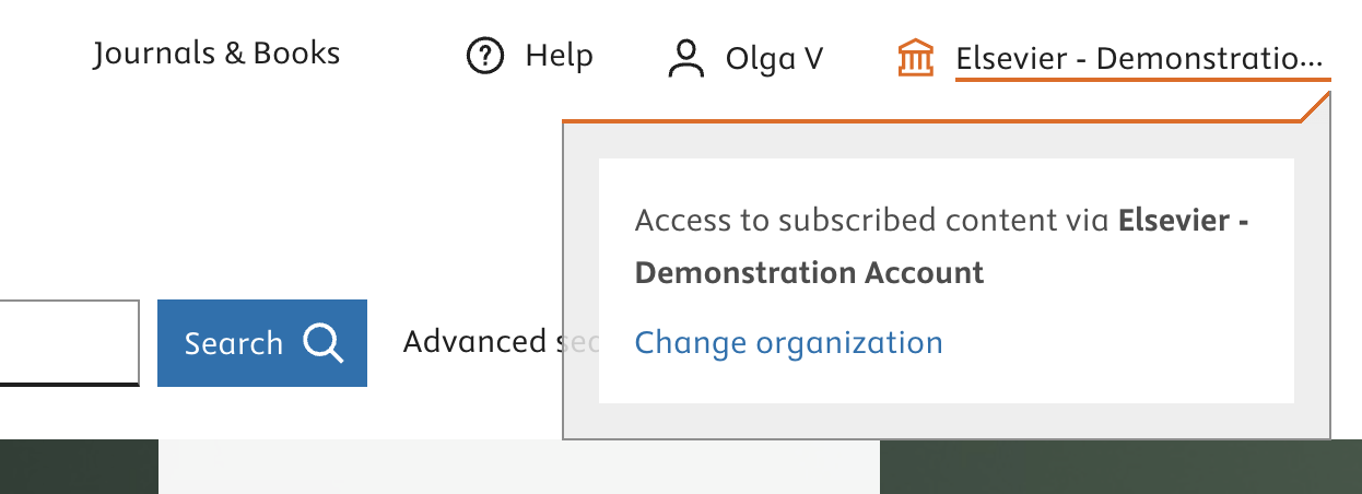 screenshot popup that appears when selecting the name of the institution in the top-right corner of any ScienceDirect page. It shows the full name of the institution, information about the subscription and a link reading 'Change access'
